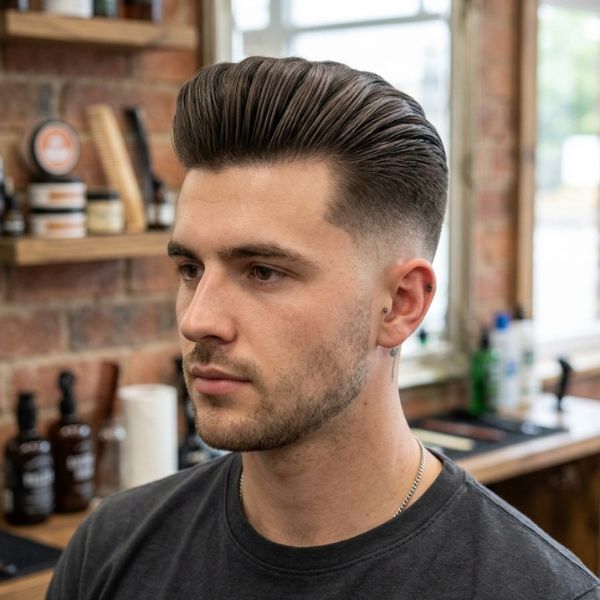Straight Smooth Quiff with Mid Skin Fade