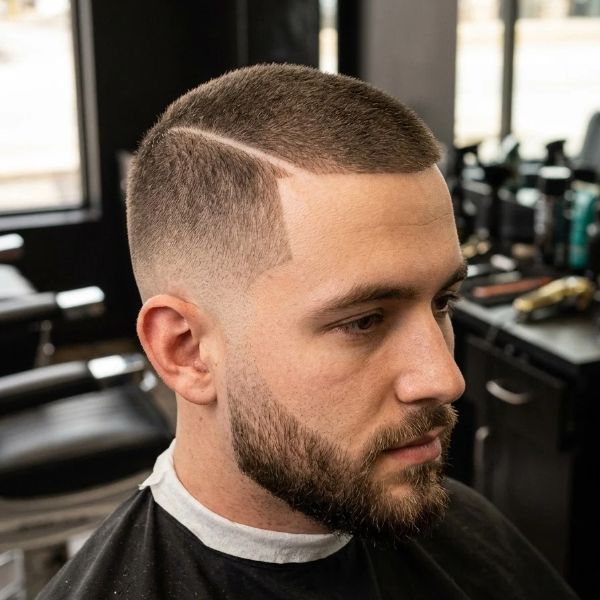 Buzz Cut with Hard Part and Low Taper Fade