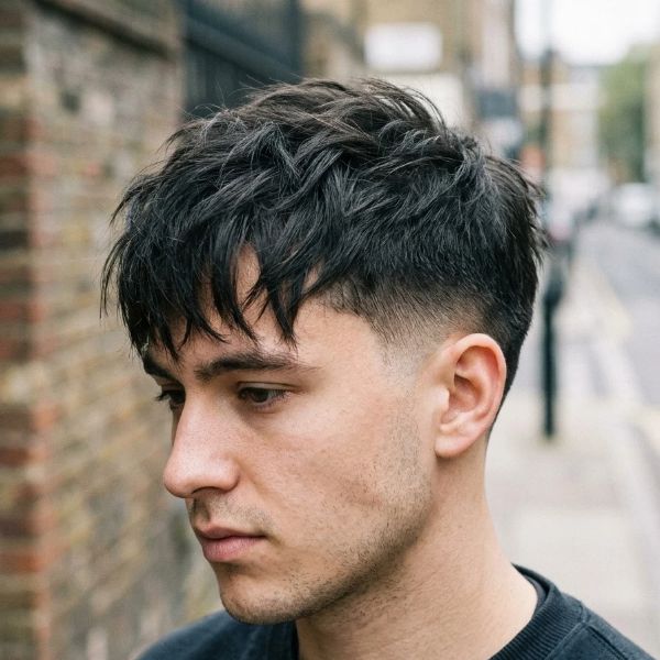 Low Taper Fade Messy Fringe Straight Hair