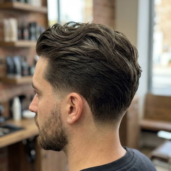 Low Taper Fade with Messy Slick Back