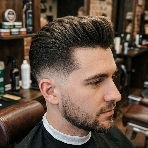 Straight Smooth Quiff with Mid Skin Fade