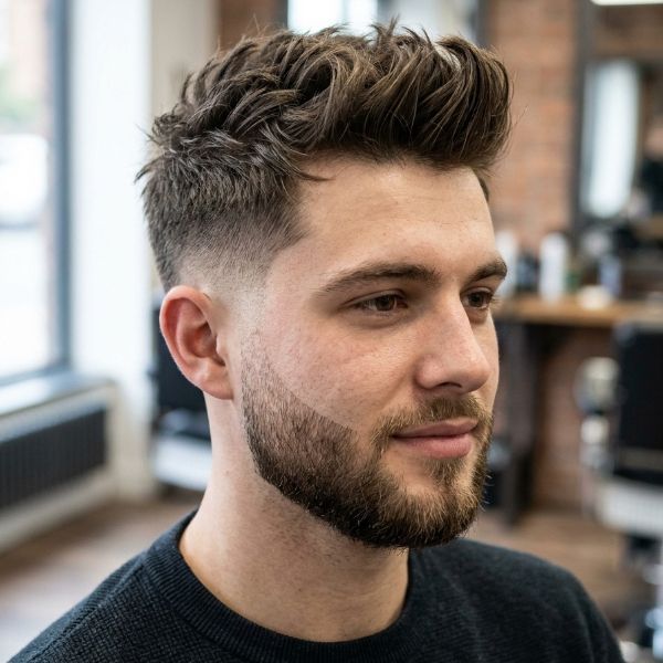 Youthful Short Quiff with Drop Fade and Beard